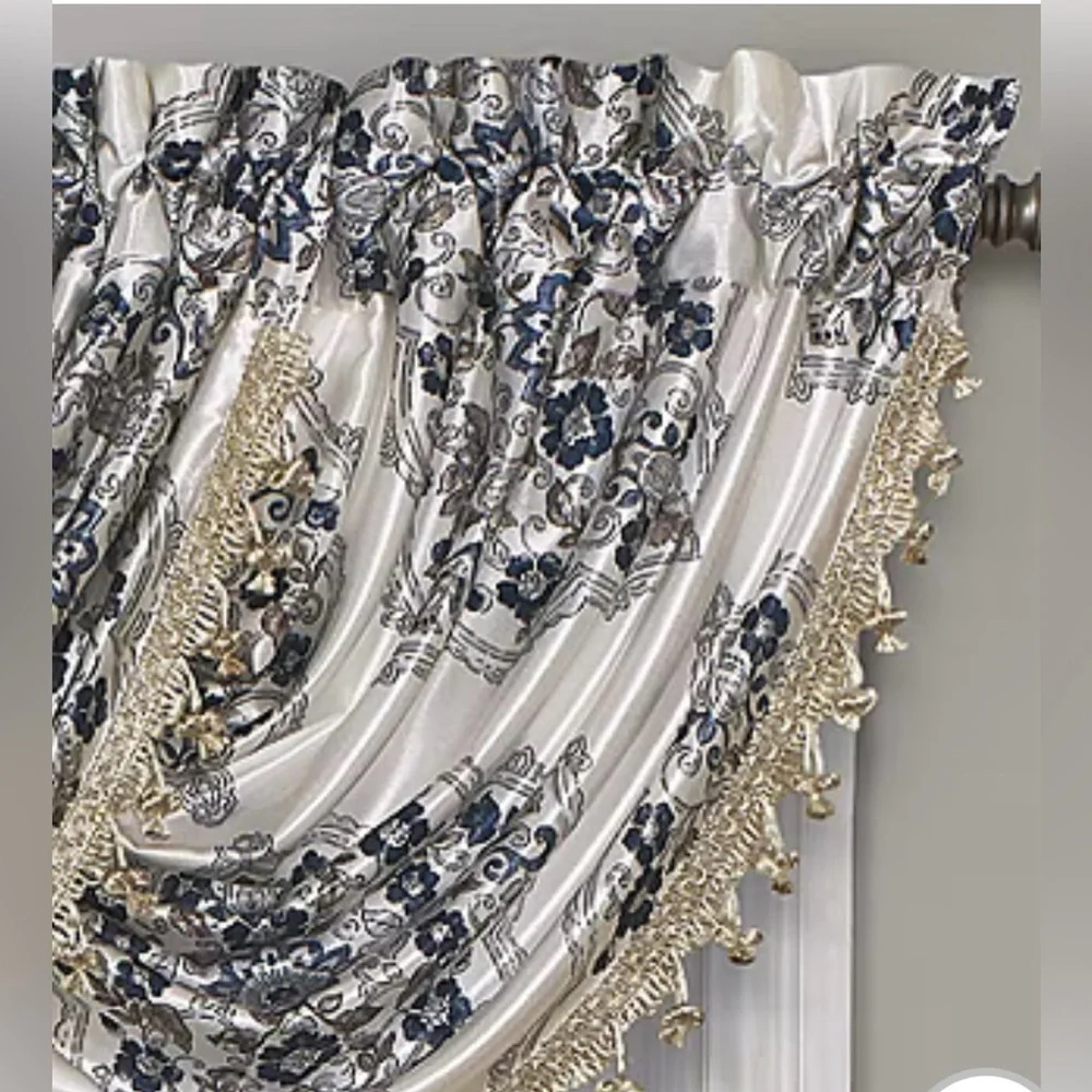 Elegant Waterfall Valance (window curtains) – Navy, White & Gold